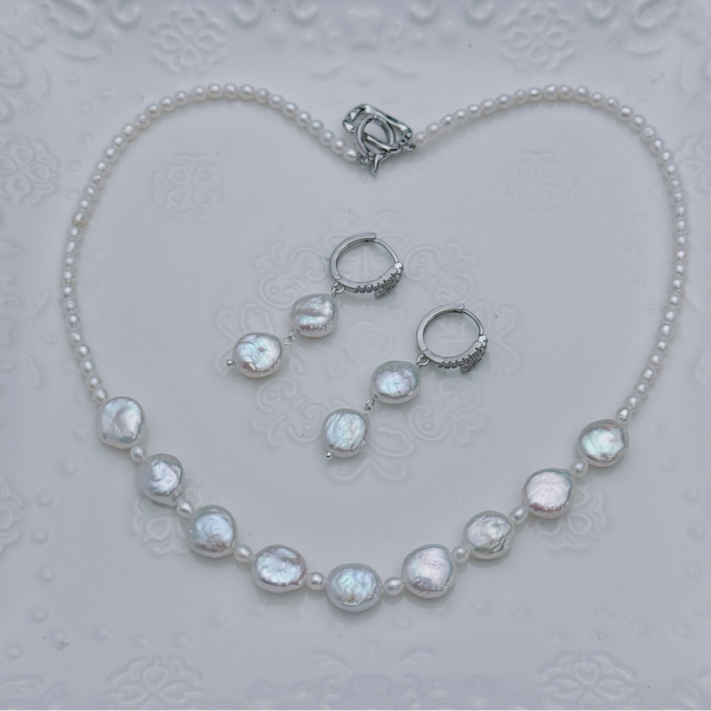 26X84 Handmade Freshwater Coin Baroque Pearl Necklace Earrings Set